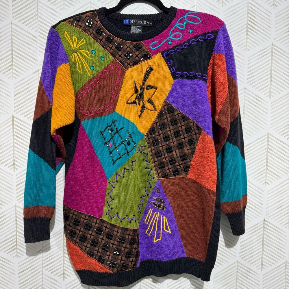 I.B. Diffusion Vintage 90’s Women’s Multicolor Knit Sweater Artsy‎ Beaded Size S